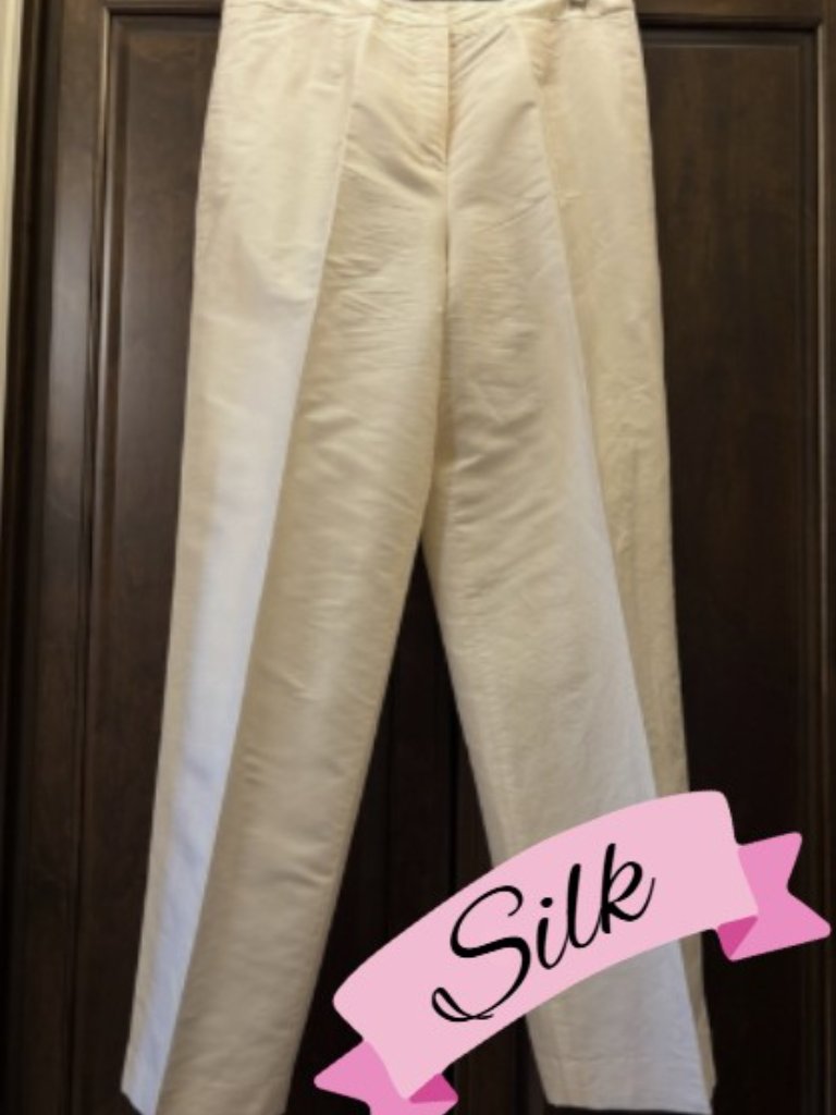 Kate Hill Flat Front, Cream Straight-Leg Silk Pants